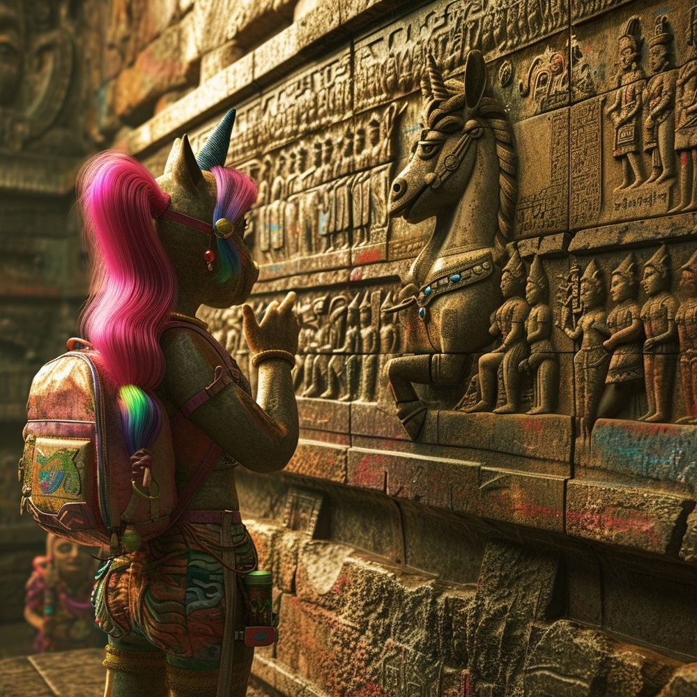 Our spokesmodel Una appears as Indiana Jones (or perhaps Dora The Explorer is more accurate) examining a wall carving depicting Hindu deities waiting in line.