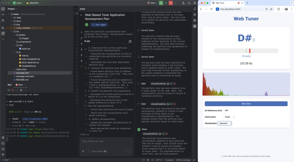 Junie in action inside WebStorm! A user asked it to build a guitar tuning app, and Junie instantly generated a step-by-step plan. On the right, you can see the breakdown of tasks inside the IDE, making it easy to follow along. Finally, the finished app - a working guitar tuner. 