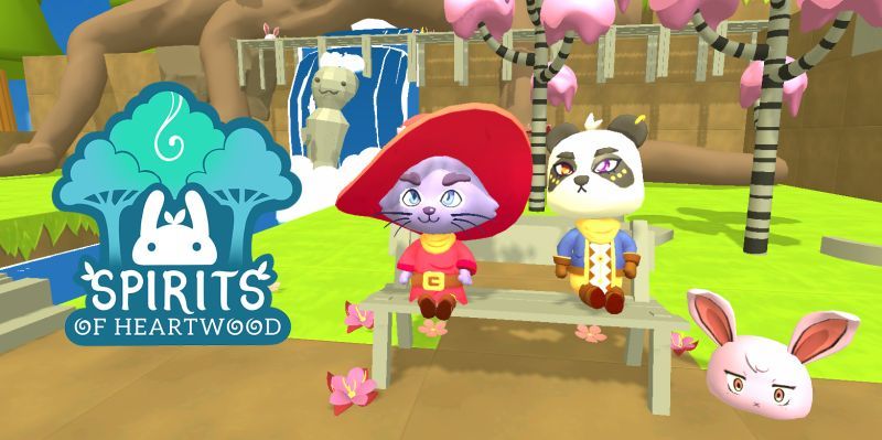Spirits of Heartwood logo overlay on the left third of the screen, behind is a wide shot scene of the Panda and Cat characters sitting on a wooden bench, surrounded by trees and flowers. A cute bunny sits on thr ground near the character.