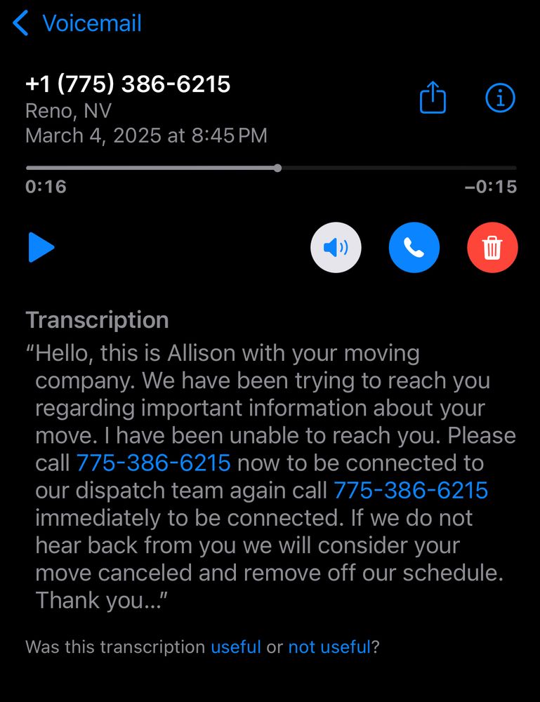 Screen capture of a voicemail transcript from a pretty obvious scam regarding moving companies. 