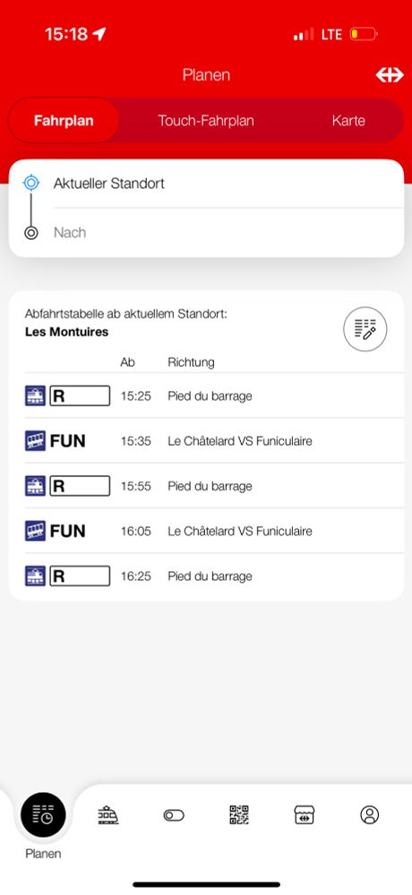 Screenshot der SBB App mit Abfahrten der Standseilbahn und der Panoramabahn von der Station "Les Montuaires"