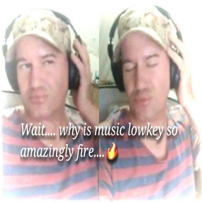 two pics of a man wearing headphones and feelin himself side by side, the text says "Wait.... why is music lowkey so amazingly fire....[fire emoji]"