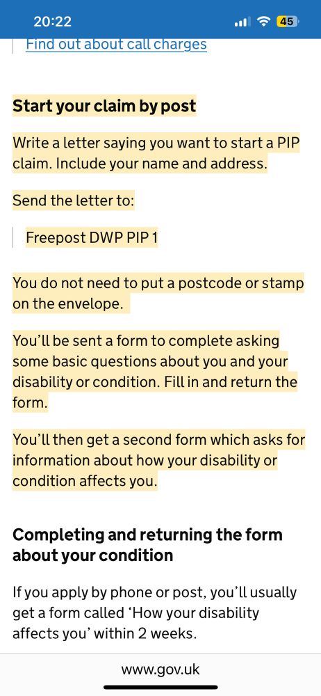 Screenshot from gov.uk saying to write for PIP post to Freepost DWP PIP 1 & send letter to that address saying you want to start a PIP claim