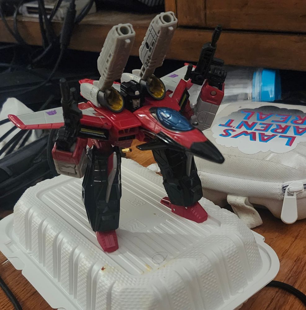 Half-transformed jet/chicken walker Armada Starscream with his tiny baby legs.  Just a silly little guy, nothing to see here.