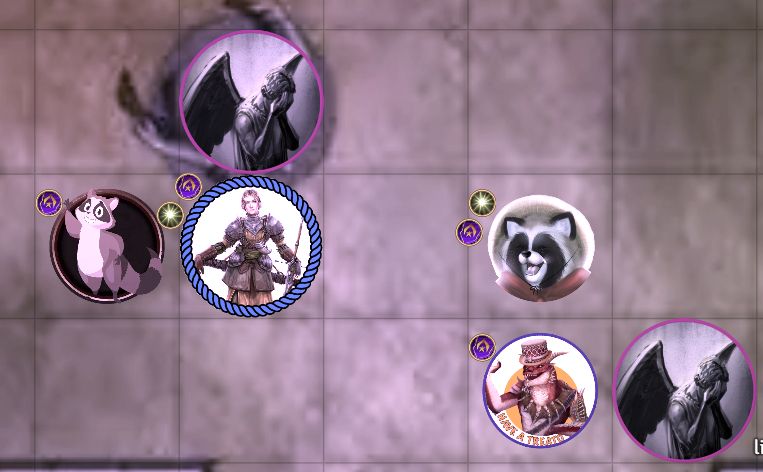 It looks like a generic battlemap with 5 foot squares on dirt grass.  Two statues that look like crying angels stand beside four player characters - a smiley uplifted raccoon thief, a human woman fighter with a sword, a laughing tanuki swashbuckler, and a devilish (with a gem encrusted tophat) kobold alchemist. 