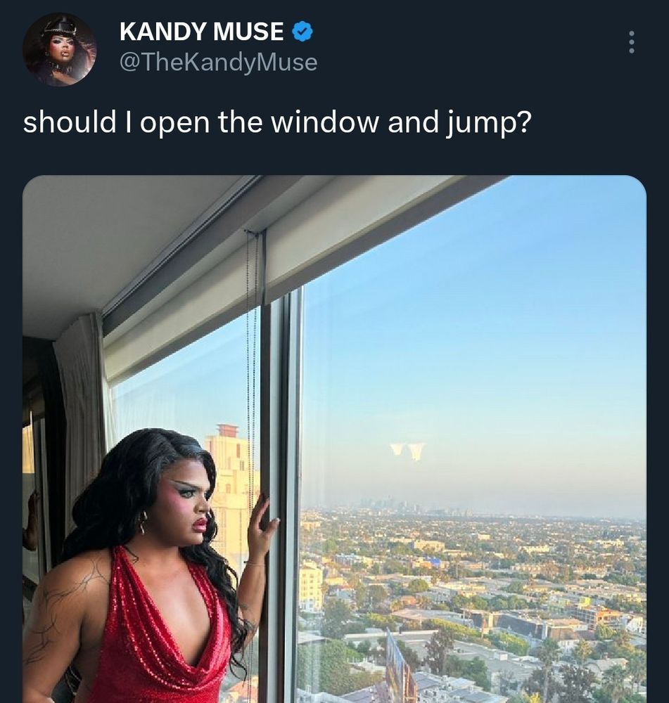 tweet from @TheKandyMuse: “should I open the window and jump?”