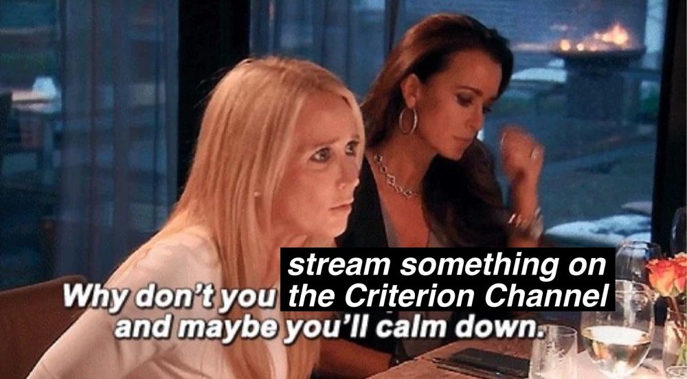 Kim Richards at the Amsterdam dinner table: “Why don’t you [stream something on the Criterion Channel] and maybe you’ll calm down.”