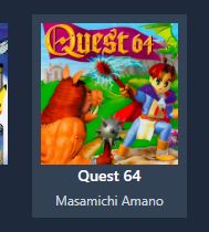 A cropped screen capture of a music player application. The text reads "Quest 64 - Masamichi Amano". Above the text is box art for the video game Quest 64.