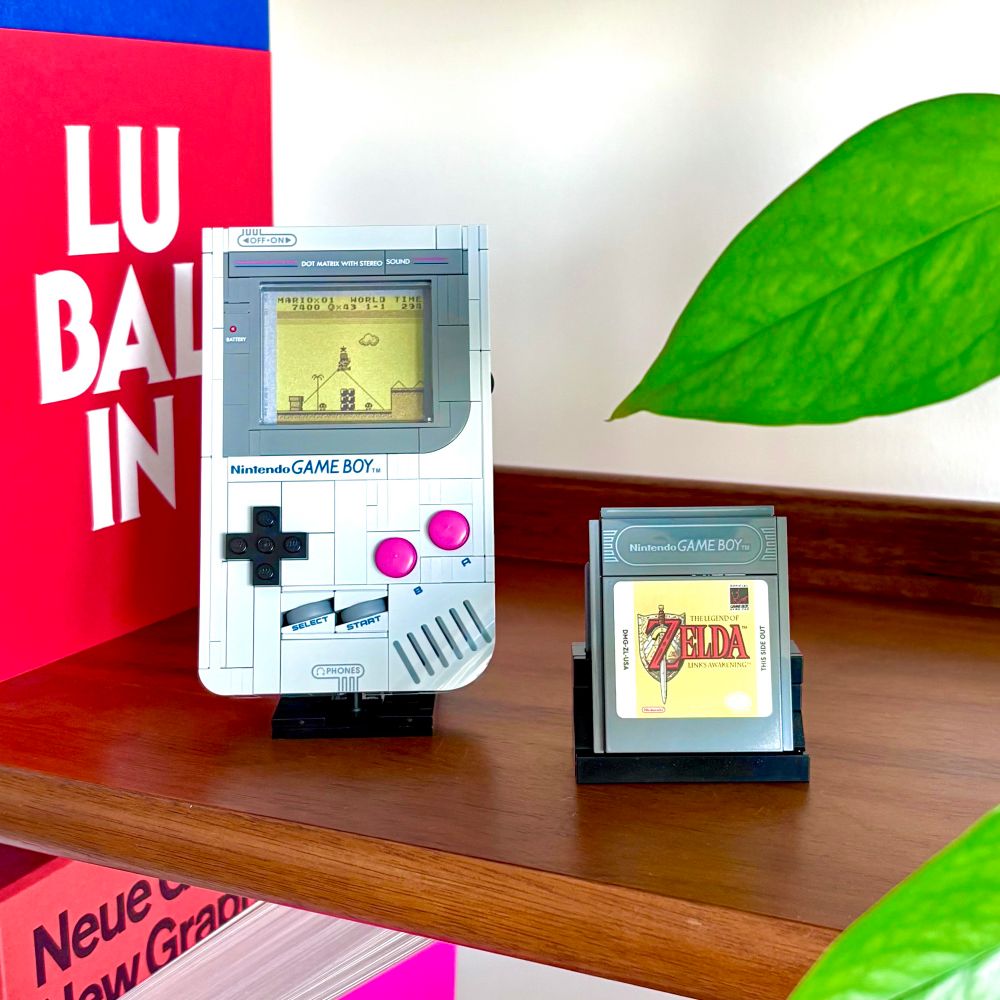 Completed build of the LEGO Game Boy with The Legend of Zelda: Link’s Awakening cartridge.
