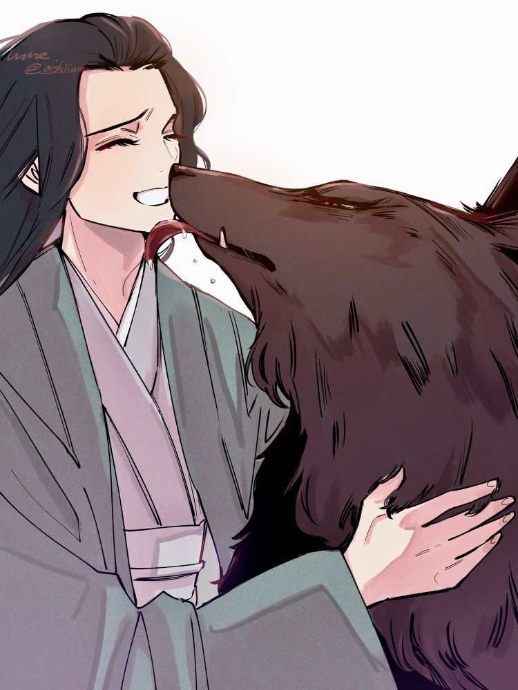 泰麒を舐める傲濫と、くすぐったそうに笑う泰麒のファンアート