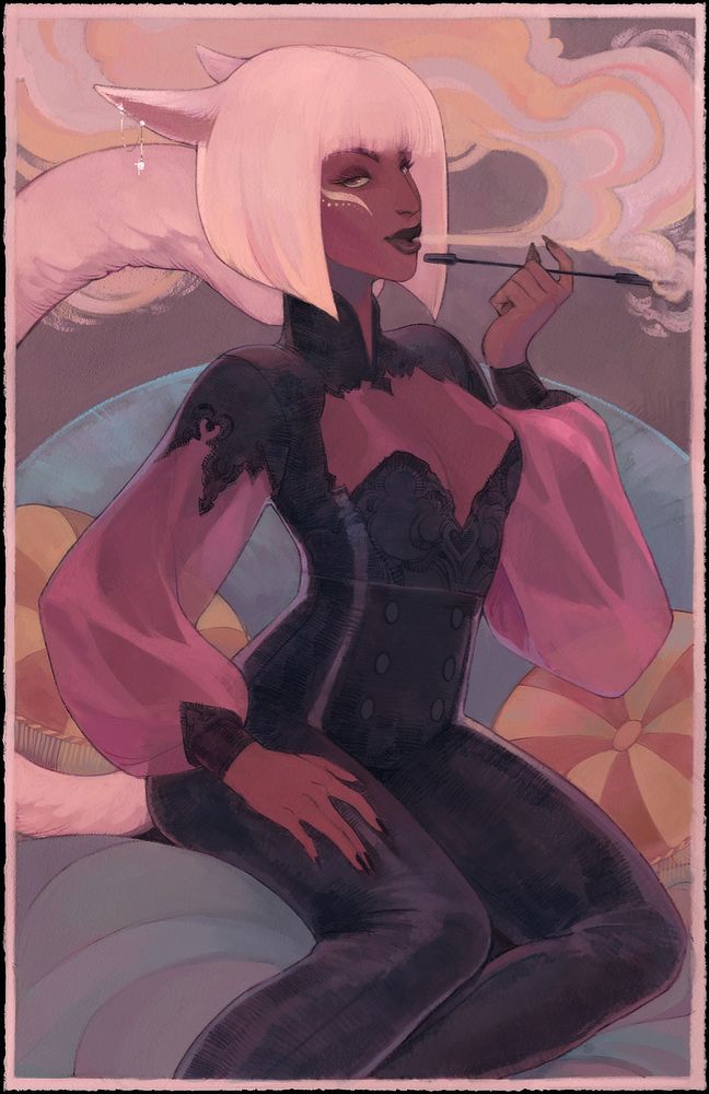 A digital watercolor illustration. A white-haired Miqo'te woman (Final Fantasy XIV) sits on blue and yellow cushions. She's dressed in a black leather catsuit with poofy, sheer purple sleeves, and she loosely clutches a cigarette holder in her left hand, like she's just drawn it out of her mouth to blow out the smoke cloud that's surrounding her head.