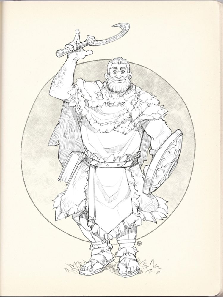 A black and white drawing of a heavy-set, bearded man dressed in fantasy gear, holding a shield in his left hand and holding a sickle over his head with his right. He wears a fur-trimmed cloak and there is a book strapped to his right hip.