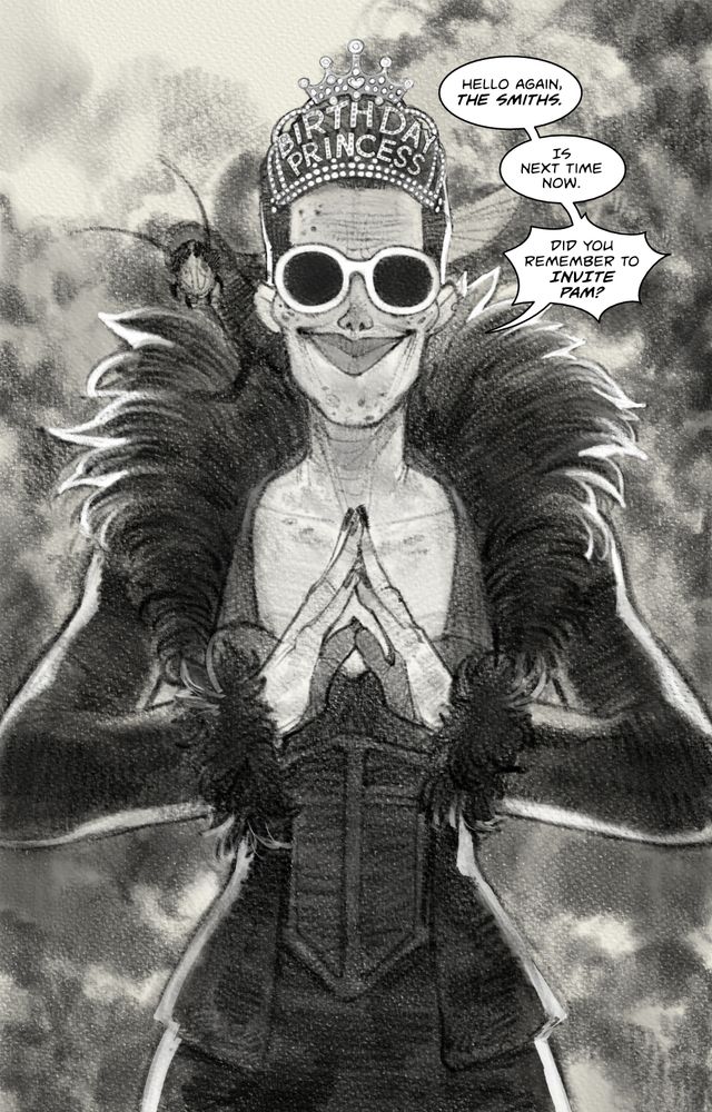 A digital drawing of The Final Pam, a woman in a fancy, fur-collared dress, white-rimmed sunglasses and a bouffant hairstyle.

She's smiling at the viewer, fingers steepled, and an there's an explosion behind her.

Dialogue: "Hello again, the Smiths.

Is next time now.

Did you remember to invite Pam?"