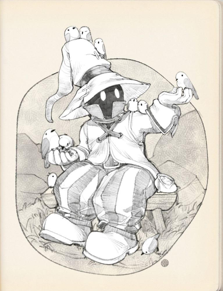 Vivi from Final Fantasy IX, sitting on a bench and feeding a flock of round little birds, three of which have perched on their hat.