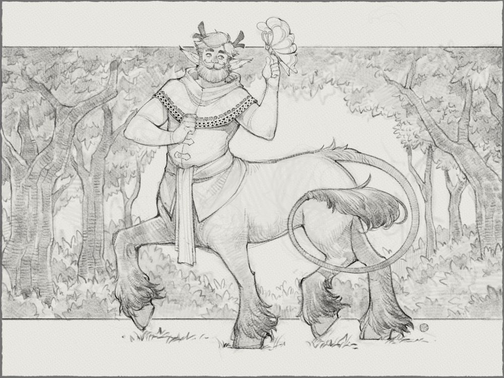 A black-and-white drawing of a centaur man having a lil jaunt through the woods.

A butterfly (a rainbow-tipped butterfly from Palia, specifically) has landed on his upraised left hand. He looks pretty pleased by this.