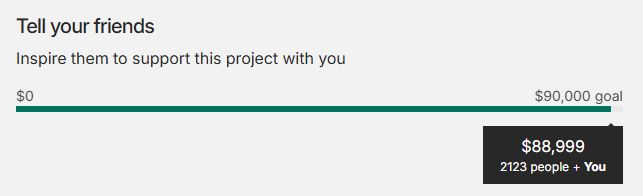 Screenshot from the backing page of the Umbert Actually! campaign showing it at $88,999 out of their $90,000 goal.
