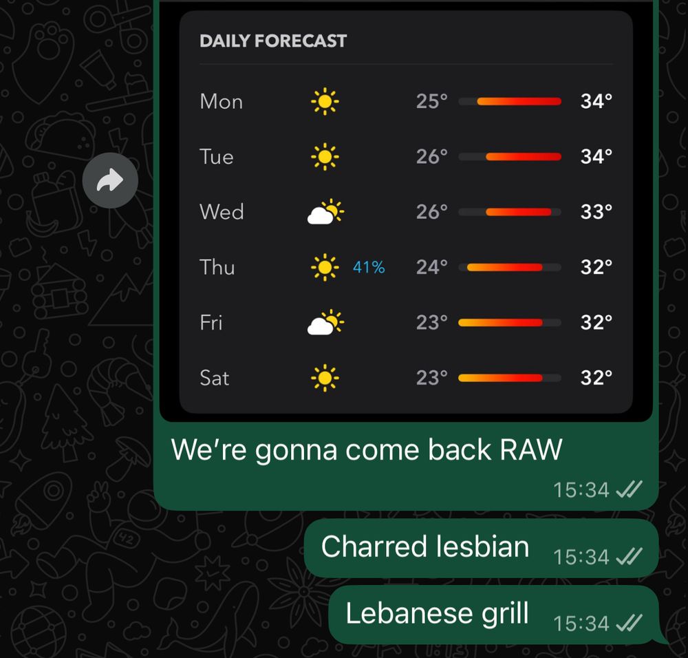 a screengrab of the forecast that’s consistent 30s (degrees) with my comments “we’re gonna come back RAW” “charred lesbian” “lesbian grill”