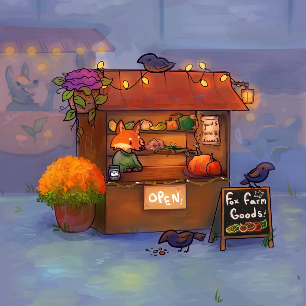 digital illustration that takes place during a rainy day with shades of de-saturated blue and purple. in main view is a farmer's market booth where a small fox in a green sweater is standing behind an "open!" sign. he has gourds, herbs and flowers for sale. a sign in front of the booth reads "fox farm goods!" with a crow standing on the sign. the booth is decorated with chrysanthemums and string lights. another crow is in front of the booth eating crumbs, while a third crow rests on top of the booth with its eyes closed. behind the main booth are two more, but they are not as focused. the vendor at one is asleep, and the other is happily waving.