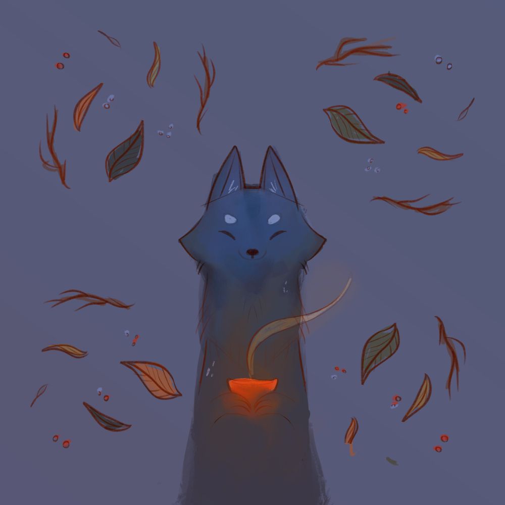 a digital illustration showcasing a blue fox against a faded purple background. there are falling leaves and debris in a breezy calm fall atmosphere. the fox is holding a glowing red cup with steam coming out of it