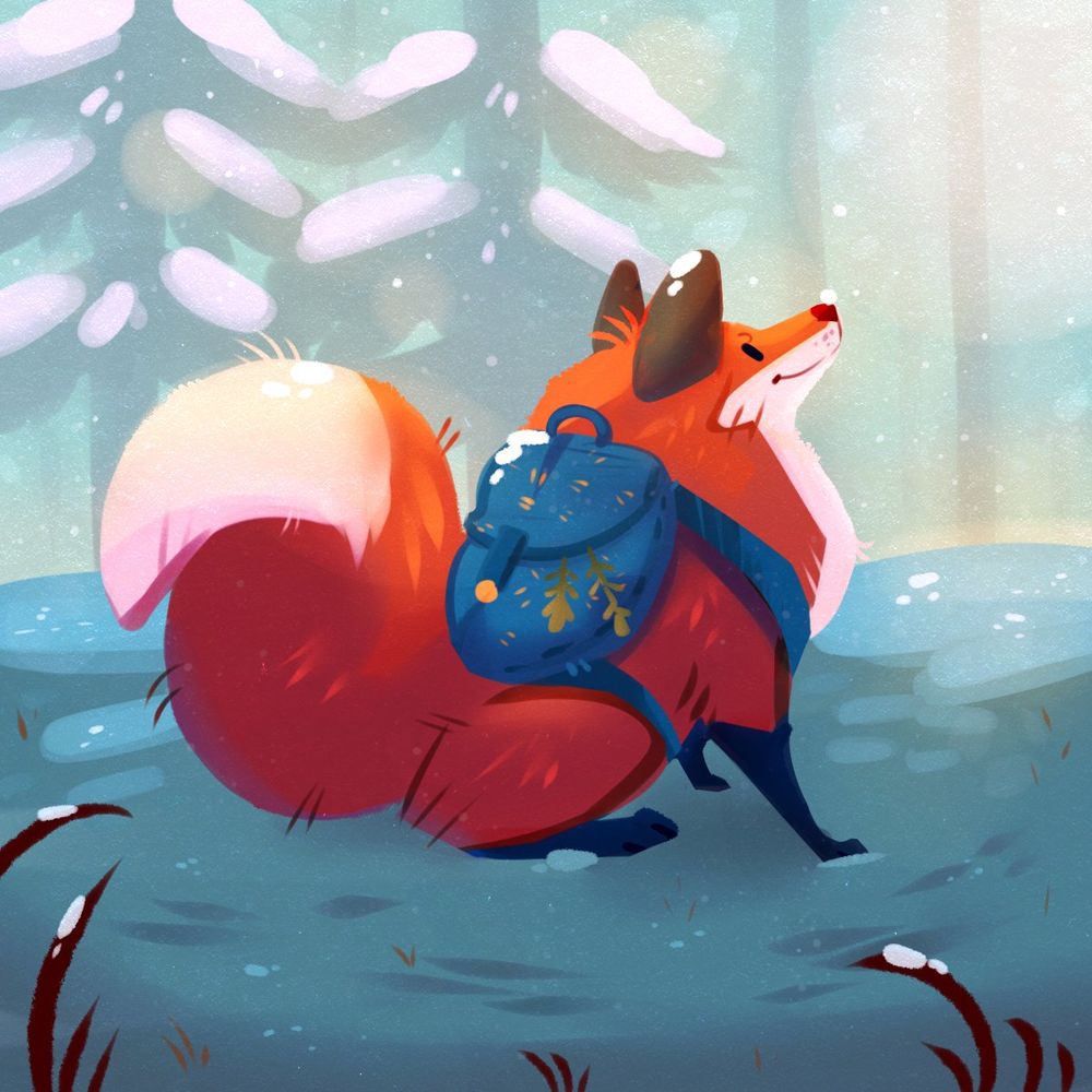 a red fox wearing a blue backpack sits in a snowy forest