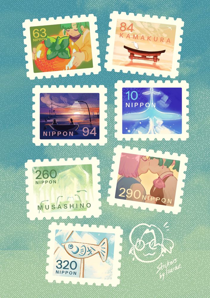 7 stamps arranged slightly askew. each has a different illustration: alpha holding a giant persimmon, a flooded tori gate, a ocean sunset with only the tops of lamp posts peaking out of the water, a bird-like airplane, a corridor with giant overgrown trees, two girl androids kissing, and a fish weather vane