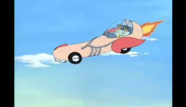 Deux personnages super-héroïques à bord d'un vaisseau de forme ostensiblement phallique.