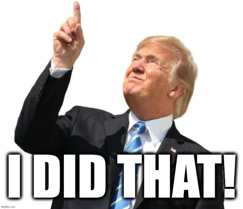 A picture of Donald Trump looking directly into a solar eclipse and pointing at it, accompanied by text saying “I did that!”