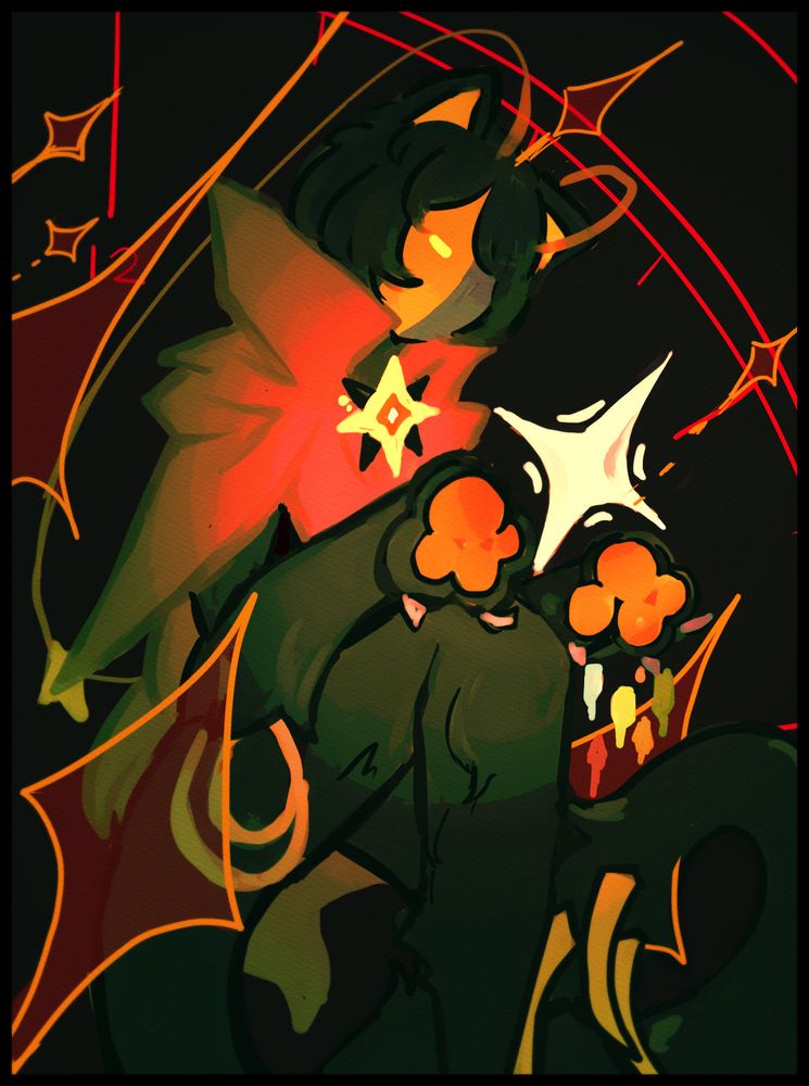 a drawing of divorcesteal [minecraft server] cogmented holding a star. he is an orange and black fisher cat robot with a two tone split mask and star antennae. several stars shoot diagonally in the foreground and background, and in the very black, is a quarter of a clock with the number 12 showing.