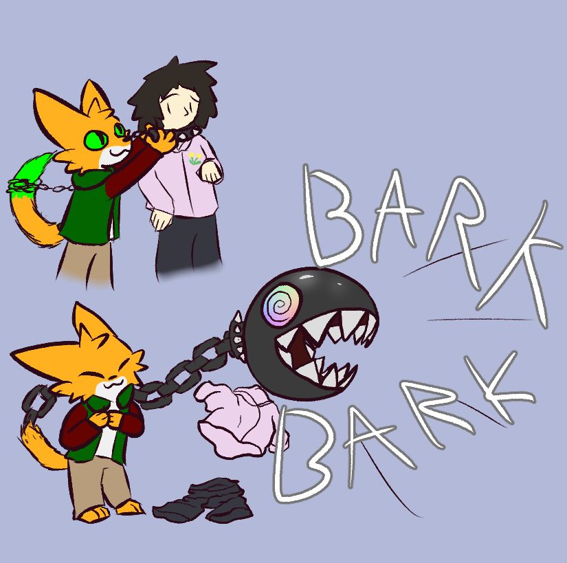 first panel, an orange anthropomorphic cat is putting a spiky collar onto a human creature with long hair and a pink hoodie The collar is attached to the cat's tail via a metal chain. Next panel, it is implied that the human has completed transformed into a chain chomp. It has swirly eyes, and is exclaiming "BARK BARK". The chain has thickened and now blends seemlessly into the cat's tail. The cat is looking pleased, and the humans clothes are falling to the floor, empty.
