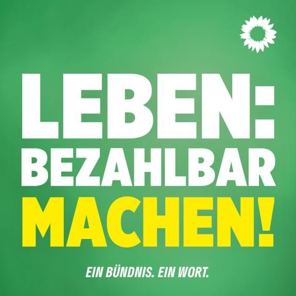 Grüner Hintergrund mit weißer Sonnenblume 

In Weiß:
"Leben: bezahlbar"

In Gelb:
"Machen!"

Unten in der Mitte:
"Ein Bündnis. Ein Wort."