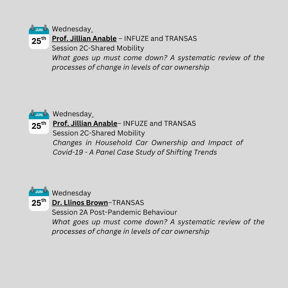 Conference Schedule Poster: “ELEVATE, TRANSAS, INFUZE, and CARS at UTSG 2025”
Conference dates: June 25–27, 2025.
Each session is listed with a calendar icon, the speaker's name, affiliated project(s), session title, and talk title.

Wednesday, June 25:

Prof. Jillian Anable (INFUZE/TRANSAS) — Session 2C Shared Mobility:
“What goes up must come down? A systematic review of the processes of change in levels of car ownership”

Prof. Jillian Anable (INFUZE/TRANSAS) — Session 2C Shared Mobility:
“Changes in Household Car Ownership and Impact of Covid-19 – A Panel Case Study of Shifting Trends”

Dr. Llinos Brown (TRANSAS) — Session 2A Post-Pandemic Behaviour:
“What goes up must come down? A systematic review...”

Dr. Ian Philips (ELEVATE) — Session 1D Active Travel:
“Analysis of domestic e-cargo bike GPS traces in UK suburbs”

Dr. Noel Cass (UKERC-CAV) — Session 2B Autonomous Vehicles:
“Public acceptance and uptake of shared autonomous vehicles: A mixed methods study”