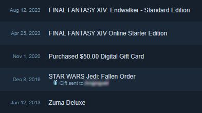 Screenshot of Steam purchase history showing Zuma on Jan 12, 2013; Star Wars Jedi Fallen Order as a gift on Dec 8, 2019; $50 digital gift card on Nov 1, 2020; and then two Final Fantasy XIV purchases, one for the starter edition on Apr 25, 2023 and the other for Endwalker on Aug 12, 2023