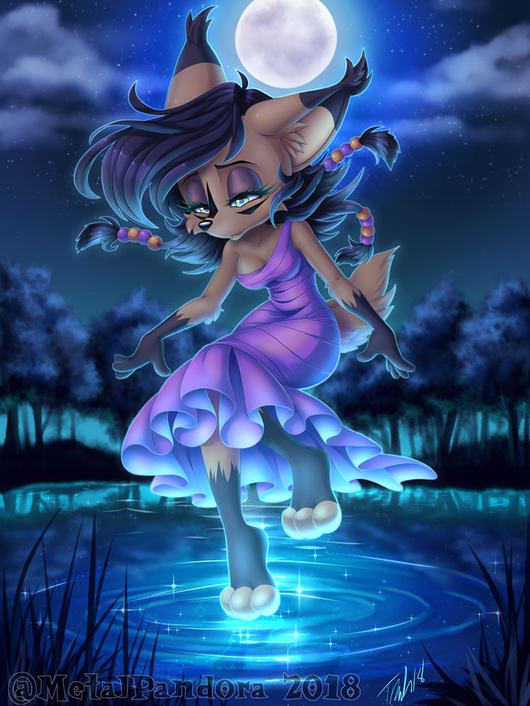 digital art of Nicole in her mobian form, hovering over a forest lake beneath a full moon (2018)