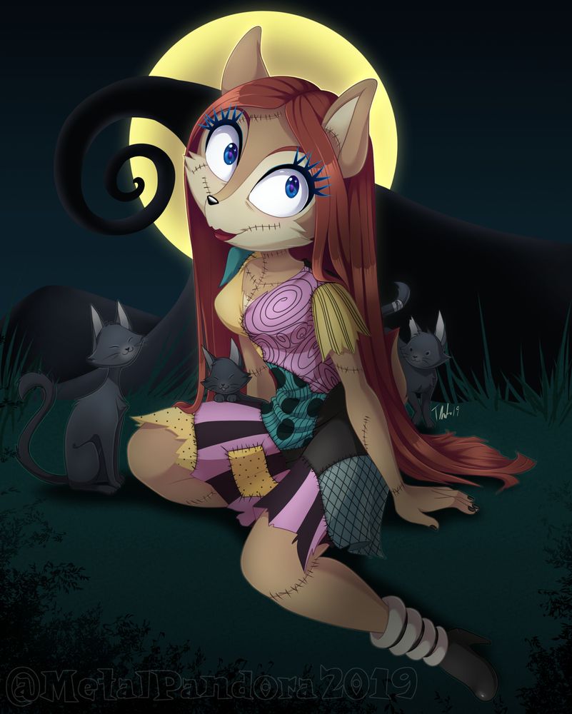 digital art of Sally Acorn as Sally the ragdoll from The nightmare Before Christmas, surrounded by 3 black cats