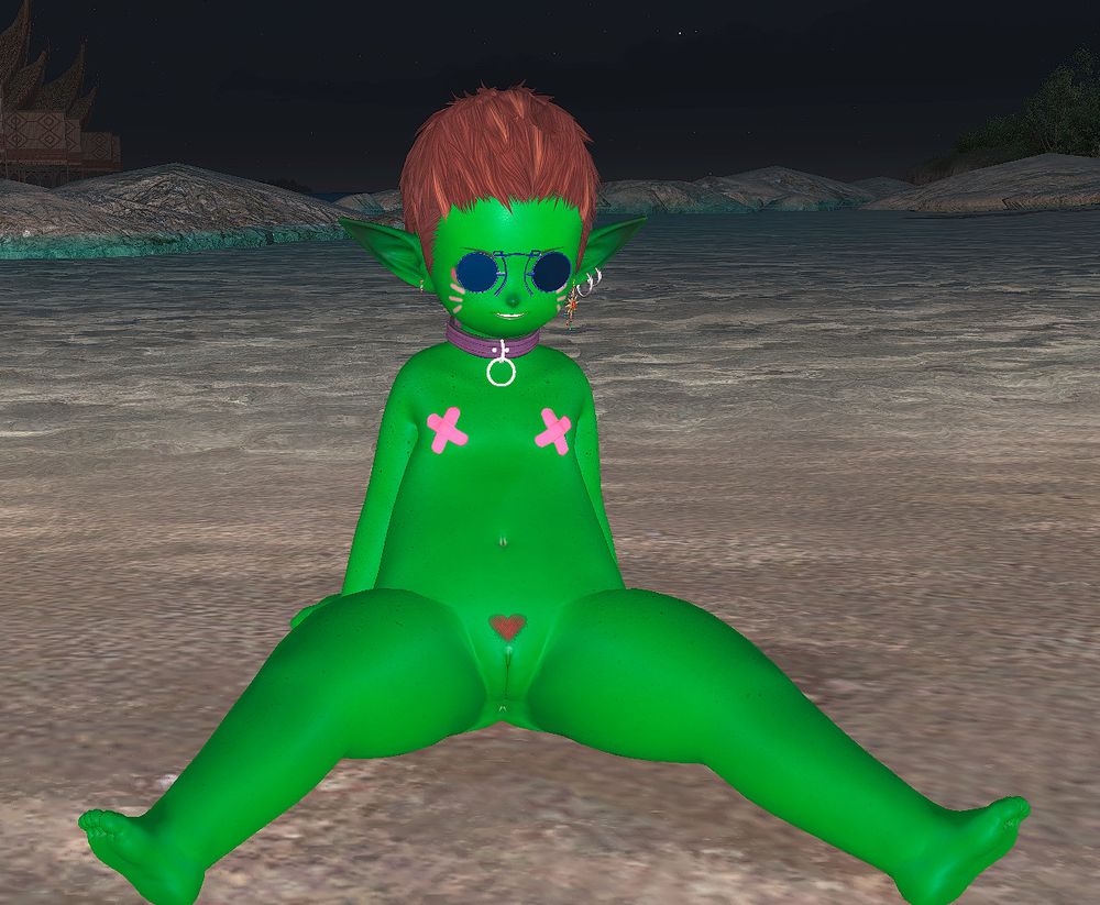 Stab Greentongue, a goblin, relaxing at the beach.