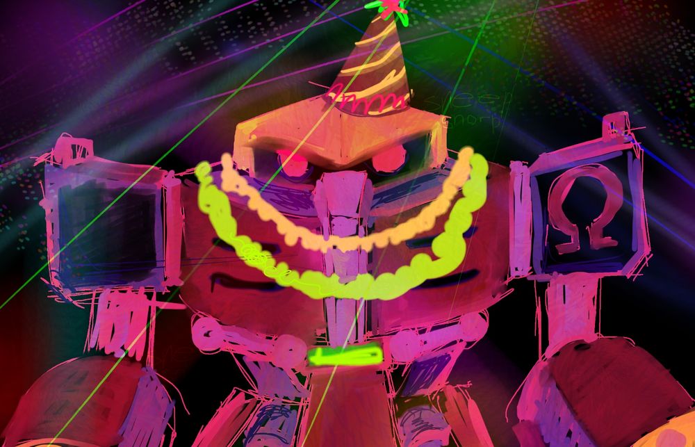 A digital illustration of E-123 Omega, a robot character from the Sonic the Hedgehog franchise. He is seen with laser and disco lights shining in the background, with a party hat and plastic lei necklaces over his shoulders. He stands and stares dead ahead to the viewer.