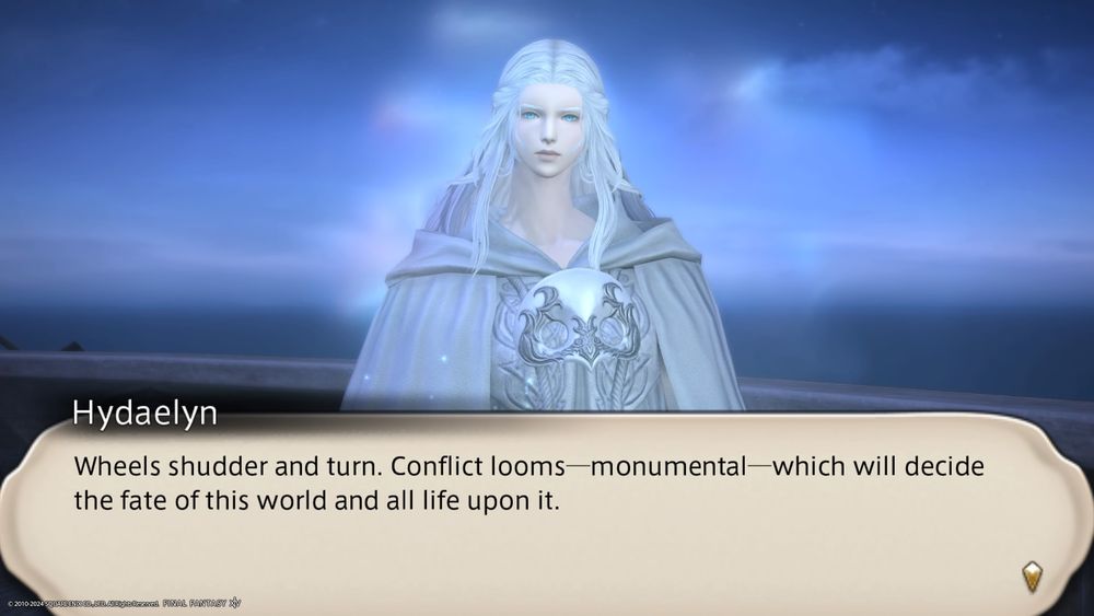 Venat from FFXIV looking beautiful and ethereal, saying 'Wheels shudder and turn. Conflict looms - monumental - which will decide the fate of this world and all life upon it.
