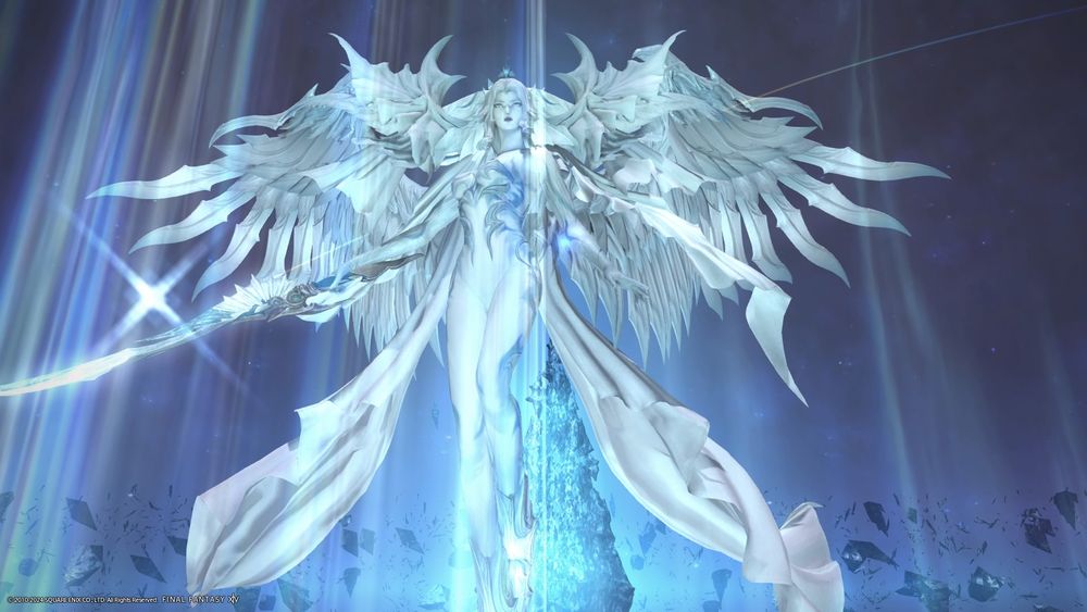 Venat again in her form as the primal Hydaelyn, a majestic glowing-white winged woman carrying a crystal sword.