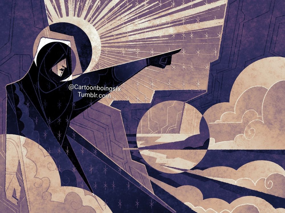 A shapely digital painting of a figure in black and purple pointing into the distance. Behind him, a landscape of geometric mountains jut from the valley and billowing clouds scatter like shards of glass. The sky is a pattern of golden stars, and a halo spreads its rays across them, emanating from the figures hooded head. His eyes are in shadow, his dark lips pressed into a frown as he commands the viewer's attention onward. id end.