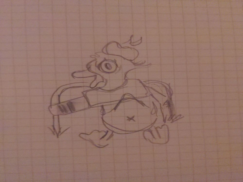 A bad pencil drawing of Donald duck handcuffed to a bike rail, coquetteishly looking back over his left shoulder at the viewer