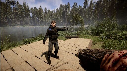 Kévin qui pointe du doigt quelque chose, on est dans une foret, je porte un rondin de bois
