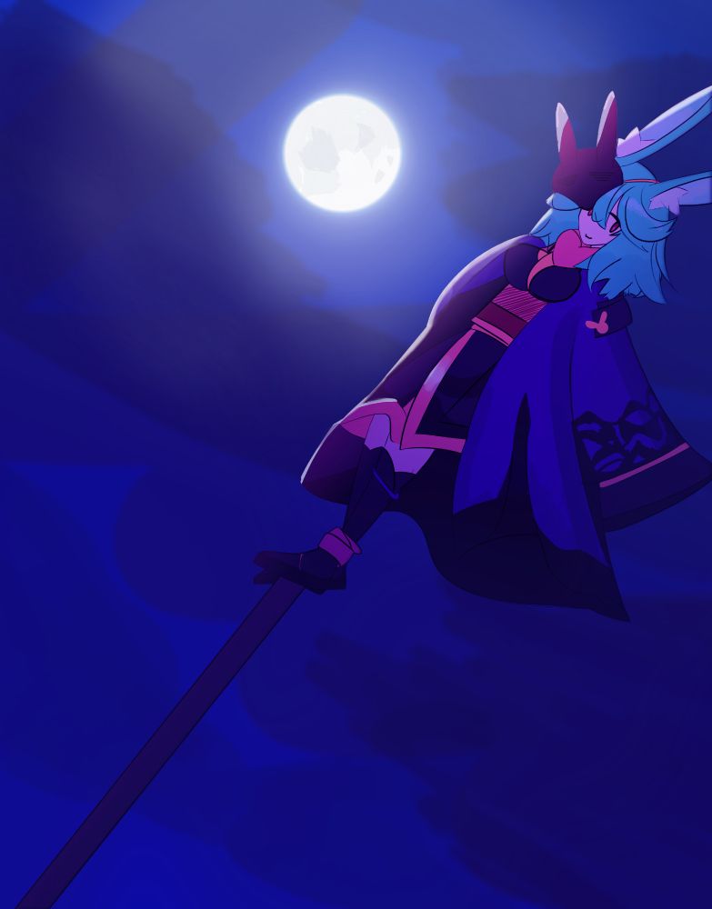 art featuring a moonlit sidere wearing a ninja styled version of their original attire standing on a pole in the middle of a cloudy night