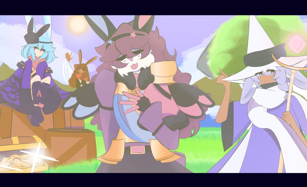 Art featuring a scenic landscape, a brown haired knightly rabbit girl with black ears & wings with a blue right side and pink left side, a wizardly rabbit with pale blue hair, a white hat and scarf who's also holding a staff, sitting on top a pile of boxes is Sidere wearing a more ninja styled attire than her usual one and in the background is a brain haired rabbit girl waving over to the rest of the group