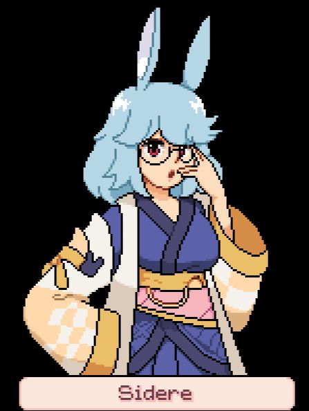pixel art featuring Sidere(blue haired rabbit eared dork) wearing their signature blue robe, pink and gold sash with a golden white haori over the top with detached patterned sleeves with rabbit decorations on them. She's in an adjusting glasses pose