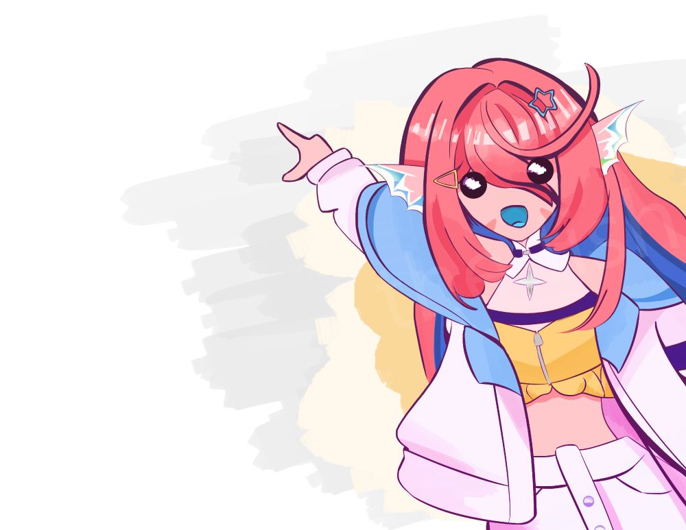 art featuring a pink haired fish girl with a white and blue hoodie and yellow top pointing with a bright expression