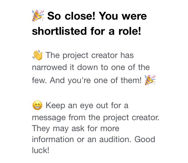 A screenshot of an email from Casting Call Club where it says that the voice actor was shortlisted for a role.