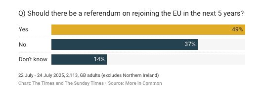 Q) Should there be a referendum on rejoining the EU in the next 5 years?
Yes
49%
No
37%
Don't know
14%
22 July - 24 July 2025, 2,113, GB adults (excludes Northern Ireland)
Chart: The Times and The Sunday Times•Source: More in Common
