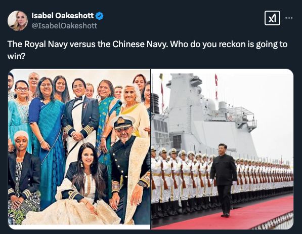 Screenshot of post by Isabel Oakeshott:

@IsabelOakeshott
The Royal Navy versus the Chinese Navy. Who do you reckon is going to win?
Rate proposed Community Notes
Only visible to contributors	
Royal Navy cultural mess dress policy has recently been updated to include wider forms of British cultural identity in addition to existing permissions for Scottish, Irish, Welsh, Cornish (e.g kilts / tartan dresses)

Evening wear style has no bearing on combat effectiveness.

linkedin.com/feed/update/ur…
Is this proposed note helpful?
6:41 AM · Feb 7, 2025
·
55.2K
 Views