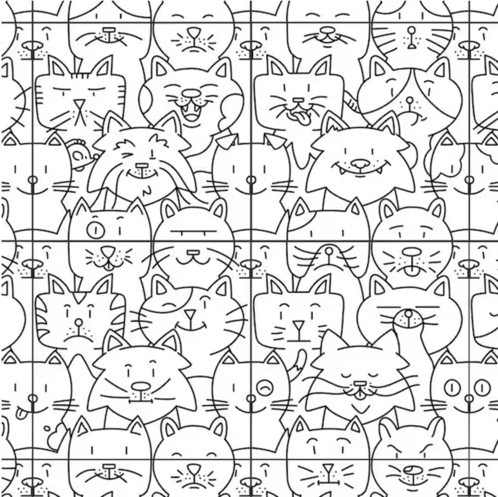 A panel of white tiles with line drawings of cat faces including some snaggleteeth and derpy tongues.