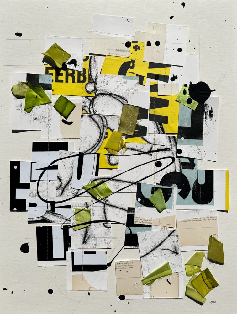 A vertically oriented collage on cream-colored substrate. The collage is a group of square and rectangular elements in black and white, yellow, pale blue, and beige with fragments of chartreuse-colored silk. There is the suggestion of a figurative line drawing. 